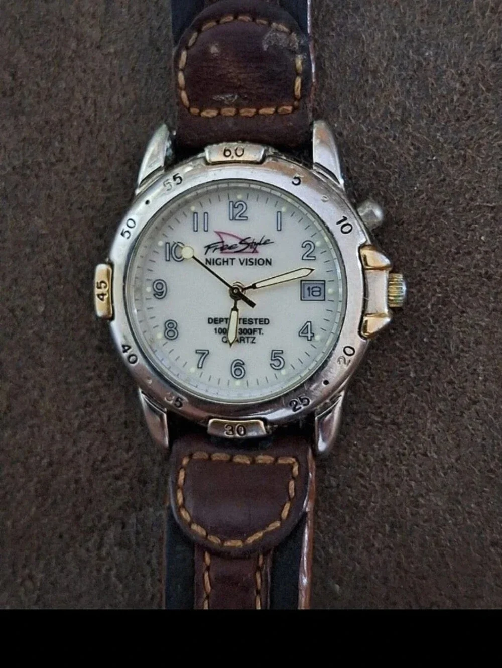 1980s Men's FreeStyle Night Vision Watch With Brown Genuine Leather Band